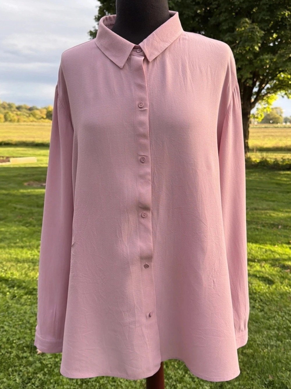 Eileen Fisher Silk Georgette Crepe Classic Collar Shirt Magnolia Pink Size XL